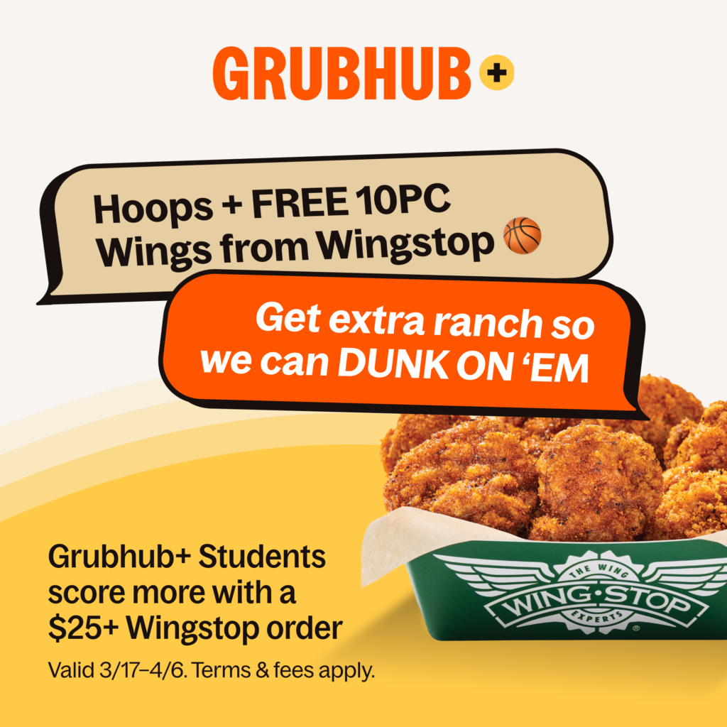 graphic depicts a Grubhub Plus Students discount. there is an image of Wingstop wings.