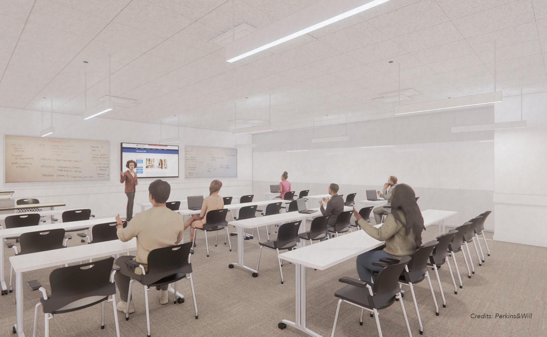 a digital rendering of a classroom with students and a professor.