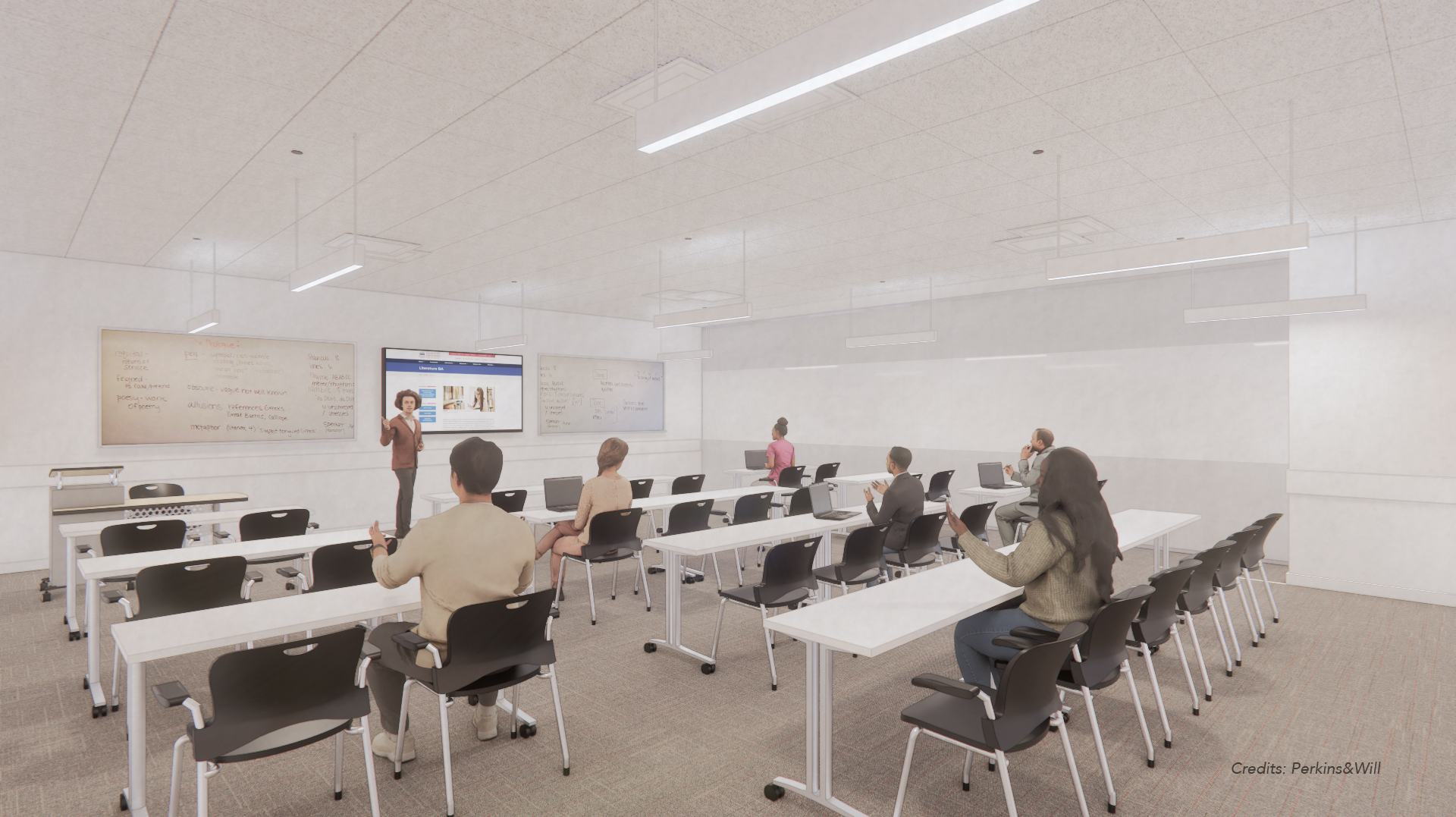 a digital rendering of a classroom with students and a professor.