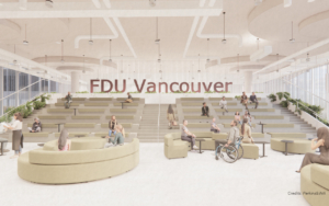 a digital rendering of an indoor space. sign reads "FDU Vancouver."