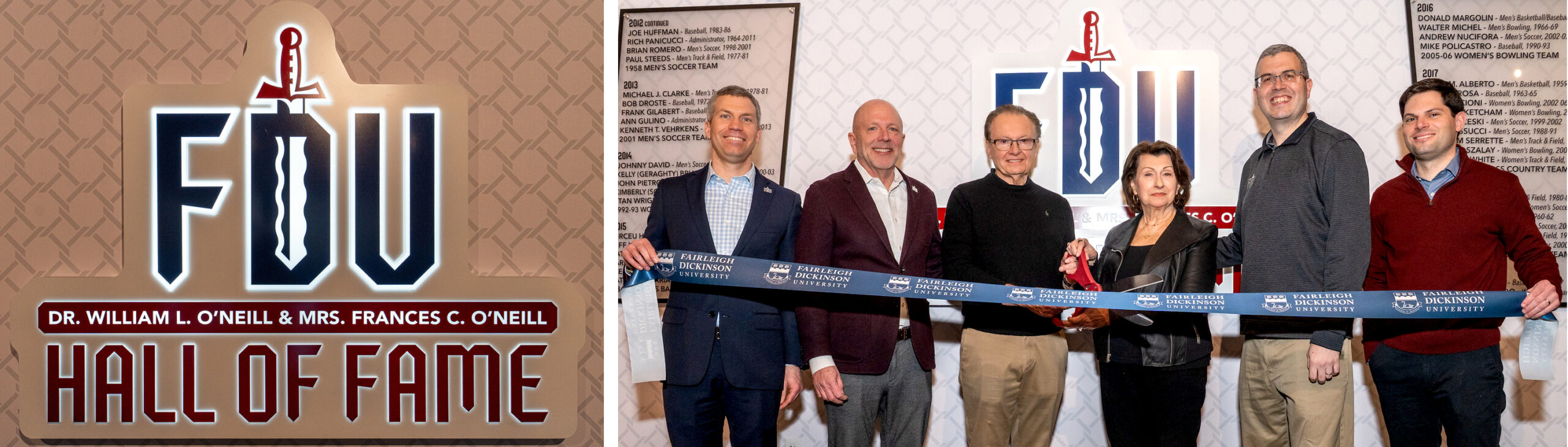 Left photo is a room signage Right photo is five people smiling and holding a ceremonial ribbon