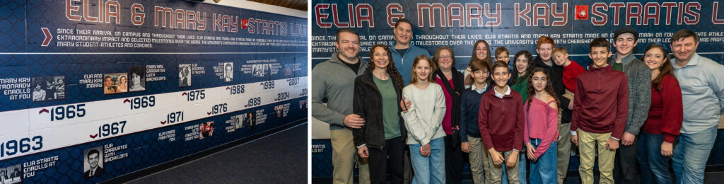 Left photo is a timeline mural Right photo is a group of smiling people in front of the mural