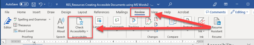 Screenshot of Microsoft Word's Review tab ribbon, with red boxes and arrows highlighting the "Review" tab and the "Check Accessibility" button in the Accessibility group.