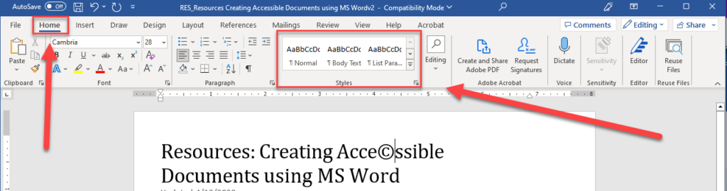 Screenshot of Microsoft Word's Home tab ribbon, with red boxes and arrows highlighting the "Home" tab and the "Styles" gallery showing style options including Normal, Body Text, and List Paragraph. The document displays the title "Resources: Creating Accessible Documents using MS Word."