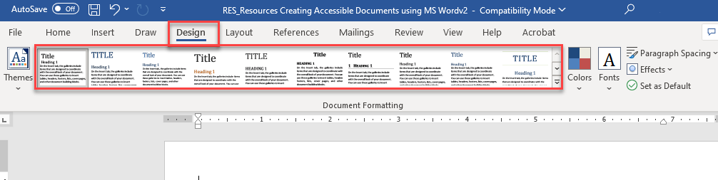 Screenshot of Microsoft Word's Design tab ribbon, with red boxes highlighting the "Design" tab and the "Document Formatting" themes gallery, which displays multiple pre-designed document style options with varying title and heading formatting.
