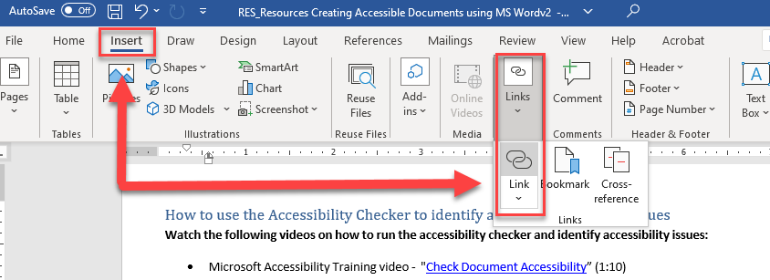 Screenshot of Microsoft Word's Insert tab ribbon, with red boxes and arrows highlighting the "Insert" tab and the "Link" button in the Links group dropdown, which shows options for Link, Bookmark, and Cross-reference.