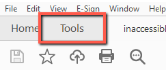 Screenshot of the Adobe Acrobat menu bar with the "Tools" tab outlined in a red rectangle. Other visible menu items include File, Edit, View, E-Sign, Window, and Help, along with the Home tab and a toolbar with icons for save, bookmark, upload, print, and search.