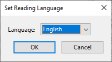 Screenshot of the Adobe Acrobat "Set Reading Language" dialog box with the Language dropdown set to "English," highlighted in blue. The dialog contains "OK" and "Cancel" buttons at the bottom.