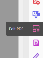 Screenshot of the Adobe Acrobat right-hand tools panel with a tooltip displaying "Edit PDF" next to its pink toolbar icon.