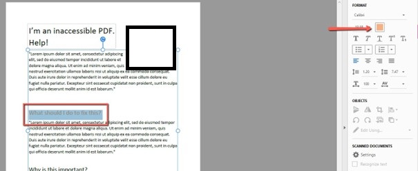 Screenshot of Adobe Acrobat in Edit PDF mode, showing a PDF document with the heading "What should I do to fix this?" selected and outlined in a blue text box. The Format panel on the right displays text formatting options including font (Calibri) and a color swatch, with a red arrow pointing to the font color picker. Other visible sections in the right panel include Objects and Scanned Documents.