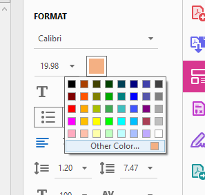 Screenshot of the Adobe Acrobat Edit PDF Format panel with a color picker open, showing a grid of color swatches and an "Other Color…" option at the bottom. The font is set to Calibri at size 19.98, with the current color swatch showing a light peach/tan color.