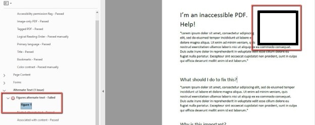 Accessibility checker interface in Adobe Acrobat showing a split view. Left panel displays accessibility validation results with various checks including "Alternate Text (1 issue)" with a failed status highlighted in a red box. Right panel shows a PDF document titled "I'm an inaccessible PDF. Help!" containing Lorem Ipsum placeholder text and a black square image with a red border in the upper right corner. The document demonstrates common PDF accessibility issues and includes sections asking "What should I do to fix this?" and "Why is this important?"