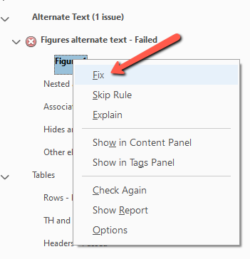 Context menu in Adobe Acrobat's accessibility checker panel with a red arrow pointing to the "Fix" option. The menu appears next to a failed "Figures alternate text" check and includes options such as Skip Rule, Explain, Show in Content Panel, Show in Tags Panel, Check Again, Show Report, and Options.