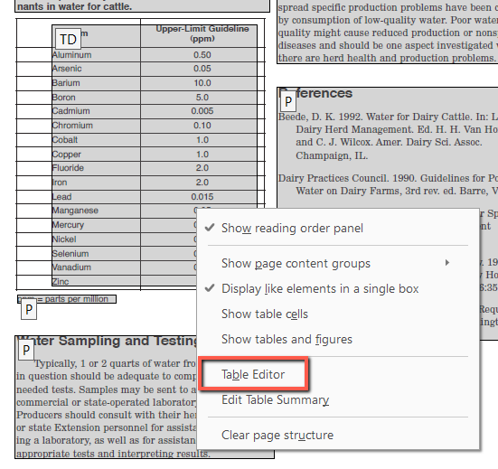 Context menu in Adobe Acrobat showing table editing options with the "Table Editor" option highlighted in a red box. The menu appears over a PDF document containing a table listing nutrients and their upper-limit guidelines, with visible table structure tags. Menu options include Show reading order panel, Show page content groups, Display like elements in a single box, Show table cells, Show tables and figures, Table Editor, Edit Table Summary, and Clear page structure.