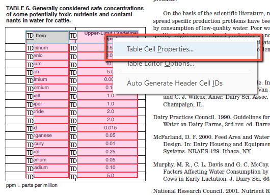 Context menu in Adobe Acrobat Table Editor showing options for a table cell. The "Table Cell Properties..." option is highlighted in blue and outlined in a red box. Other visible menu options include "Table Editor Options..." and "Auto Generate Header Cell IDs". The menu is positioned over a table titled "TABLE 6. Generally considered safe concentrations of some potentially toxic nutrients and contaminants in water for cattle," which lists items like Aluminum and Arsenic with their upper-limit guidelines. The table cells are highlighted in pink and marked with "TD" tags.