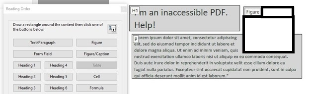 Reading Order dialog box in Adobe Acrobat showing tagging options with the PDF document on the right displaying the title "I'm an inaccessible PDF. Help!" now properly tagged with an H1 heading tag indicated by a black outline box, demonstrating the corrected heading structure after changing from H2 to H1.