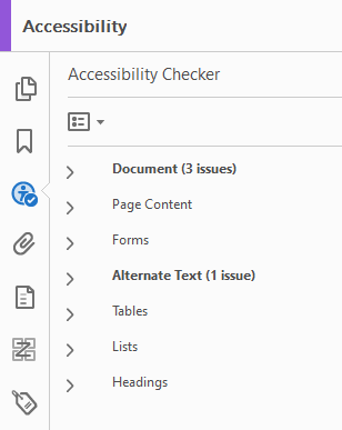 Screenshot of the Adobe Acrobat Accessibility Checker results panel. The panel displays a collapsed tree list of categories, with "Document (3 issues)" and "Alternate Text (1 issue)" shown in bold to indicate detected problems. Other categories listed with no issues include Page Content, Forms, Tables, Lists, and Headings.