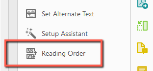 Screenshot of the Adobe Acrobat Accessibility tools panel showing three options: Set Alternate Text, Setup Assistant, and Reading Order. The "Reading Order" option is outlined in a red rectangle.