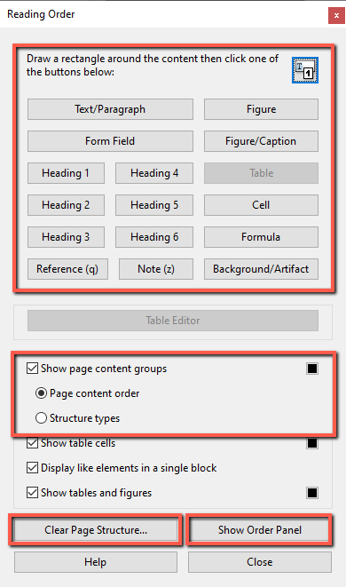 Screenshot of the Adobe Acrobat "Reading Order" dialog box with three sections outlined in red rectangles. The top section highlights the content-type tagging buttons, including Text/Paragraph, Figure, Form Field, Figure/Caption, Heading 1 through Heading 6, Table, Cell, Formula, Reference, Note, and Background/Artifact. The middle section highlights the display options, showing "Show page content groups" checked and "Page content order" selected. The bottom section highlights the "Clear Page Structure" and "Show Order Panel" buttons.