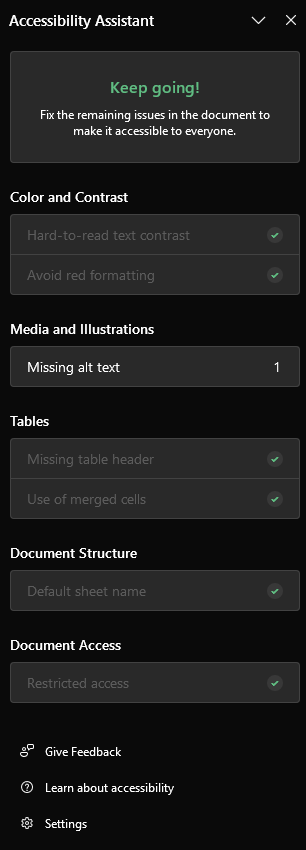Accessibility Assistant pane in Microsoft Excel showing accessibility check results. The top section displays a "Keep going!" message encouraging the user to fix remaining issues. Categories listed include Color and Contrast, Media and Illustrations, Tables, Document Structure, and Document Access. Most items like "Hard-to-read text contrast" and "Missing table header" have green checkmarks indicating they passed. The "Media and Illustrations" section shows one error: "Missing alt text" with a count of 1. Bottom options include Give Feedback, Learn about accessibility, and Settings.