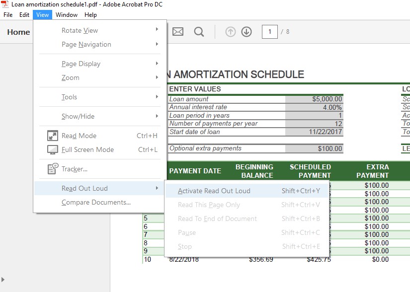 Adobe Acrobat Pro DC window displaying a loan amortization schedule PDF with the View menu open and the Read Out Loud submenu expanded, showing text-to-speech options including Activate Read Out Loud, Read This Page Only, Read To End of Document, Pause, and Stop with their keyboard shortcuts.