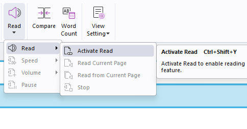 Menu interface showing Read options with a dropdown menu expanded from the Read button. The menu displays options including Activate Read with keyboard shortcut Ctrl+Shift+Y, Read Current Page, Read from Current Page, and Stop. A tooltip on the right states "Activate Read to enable reading feature." The toolbar also shows Compare, Word Count, and View Settings buttons.