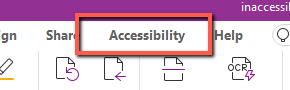 Screenshot of the Foxit PDF editor toolbar highlighting the "Accessibility" tab, which is selected and outlined in a red rectangle. Visible tabs include Share, Accessibility, and Help, with accessibility-related tool icons displayed below.