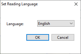 Screenshot of the Foxit "Set Reading Language" dialog box with a Language dropdown menu set to "English." The dialog contains "OK" and "Cancel" buttons at the bottom.