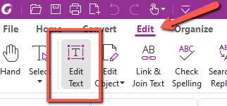 Screenshot of the Foxit PDF editor toolbar with the "Edit" tab selected, highlighted in purple with a red arrow pointing to it. The "Edit Text" button is outlined in a red rectangle. Other visible tools in the toolbar include Hand, Select, Edit Object, Link & Join Text, Check Spelling, and Search & Replace.