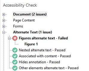 Screenshot of the Foxit Accessibility Check results panel showing the "Alternate Text" category expanded. "Alternate Text (1 issue)" is listed, with "Figures alternate text – Failed" shown with a red error icon and expanded to reveal "Figure 1" underneath. Figure 1's sub-checks are all passing with green checkmarks: "Nested alternate text – Passed," "Associated with content – Passed," "Hides annotation – Passed," and "Other elements alternate text – Passed." Other categories visible include Document (2 issues), Page Content, and Forms.