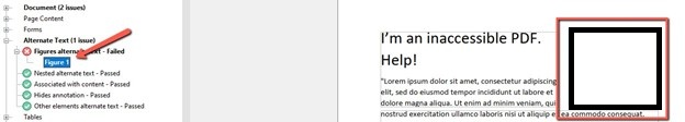 Screenshot of Foxit PDF editor showing the Accessibility Check panel on the left with "Figures alternate text – Failed" expanded and "Figure 1" selected and highlighted in blue. On the right, the corresponding PDF page is displayed, with a black rectangle image in the upper right corner outlined in a red rectangle, indicating the figure that is missing alternate text.
