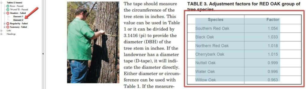 Screenshot of Foxit PDF editor showing an accessibility check panel on the left and a PDF document on the right. The left panel displays "Tables (3 issues)" expanded, with "Rows – Passed" and "TH and TD – Passed" shown with green checkmarks, while "Headers – Failed" is marked with a red error icon and expanded to show "Element 1" (highlighted with a red arrow) and "Element 2." "Regularity – Failed" and "Summary – Failed" are also marked with red error icons. The PDF on the right shows a photograph of a person measuring a tree, accompanied by explanatory text, and "TABLE 3. Adjustment factors for RED OAK group of tree species" outlined in a red rectangle, listing seven oak species with their corresponding adjustment factors.