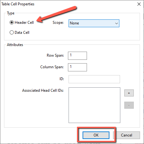 Screenshot of the Foxit "Table Cell Properties" dialog box. A red arrow points to the "Header Cell" radio button, which is selected under the Type section. The "Data Cell" option is unselected. The Scope dropdown is set to "None." The Attributes section shows Row Span and Column Span both set to 1, with empty fields for ID and Associated Head Cell IDs. The "OK" button in the bottom right is outlined in a red rectangle.