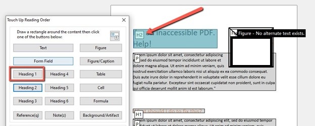 Screenshot of Foxit PDF editor showing the "Touch Up Reading Order" dialog on the left and a PDF document on the right. The "Heading 1" button in the dialog is outlined in a red rectangle. A red arrow points to the first heading in the PDF, "an inaccessible PDF. Help!," which is currently tagged as "H2," indicating it needs to be reassigned as a Heading 1. The second heading "What should I do to fix this?" is visible below, tagged as "H1." A black image in the top right is flagged with "Figure – No alternate text exists."