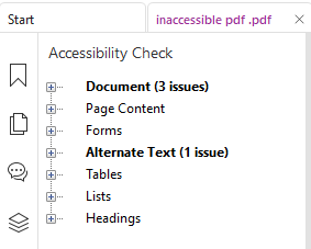 Screenshot of the Foxit Accessibility Check results panel for a file named "inaccessible pdf.pdf." The panel displays a tree list of categories, with "Document (3 issues)" and "Alternate Text (1 issue)" shown in bold to indicate detected problems. Other categories listed with no issues include Page Content, Forms, Tables, Lists, and Headings.