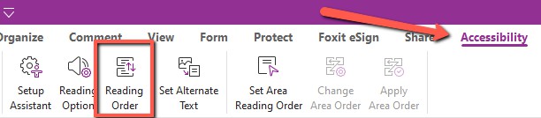 Screenshot of the Foxit PDF editor Accessibility toolbar tab, highlighted in purple with a red arrow pointing to it. The "Reading Order" button is outlined in a red rectangle. Other visible tools in the toolbar include Setup Assistant, Reading Option, Set Alternate Text, Set Area Reading Order, Change Area Order, and Apply Area Order.