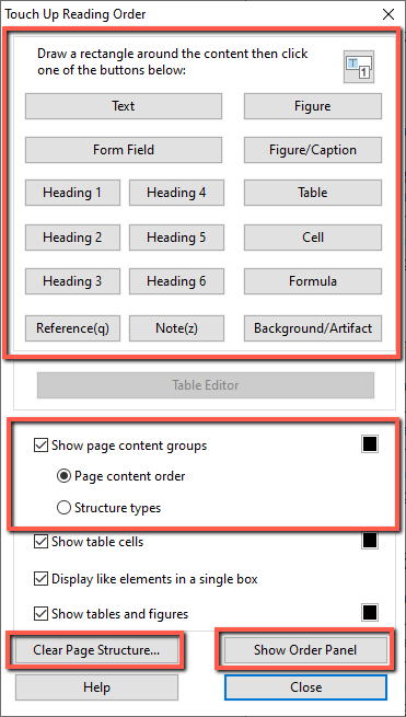 Here's the alt text for this image: Alt text: Screenshot of the Foxit "Touch Up Reading Order" dialog box with two sections outlined in red rectangles. The top section contains content-type buttons for tagging selected content, including Text, Figure, Form Field, Figure/Caption, Heading 1 through Heading 6, Table, Cell, Formula, Reference, Note, and Background/Artifact. The bottom section shows display options with "Show page content groups" checked and "Page content order" selected. A third red rectangle highlights the "Clear Page Structure" and "Show Order Panel" buttons near the bottom of the dialog.