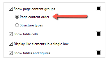 Screenshot of a portion of the Foxit "Touch Up Reading Order" dialog box showing display options. A red arrow points to the "Page content order" radio button, which is selected. Other visible options include "Show page content groups" (checked), "Structure types" (unselected), "Show table cells" (checked), "Display like elements in a single box" (checked), and "Show tables and figures" (checked).