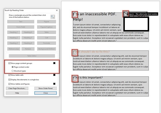 Screenshot of Foxit PDF editor showing the "Touch Up Reading Order" dialog box open on the left alongside a PDF document on the right. The PDF displays three sections with Lorem ipsum placeholder text under the headings "an inaccessible PDF. Help!," "It should I do to fix this?," and "hy is this important?" Each section heading is outlined with a dashed blue rectangle indicating tagged content. A black image in the top right of the PDF is flagged with the label "Figure – No alternate text exists," indicating a missing alt text accessibility issue.