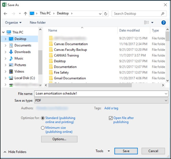 Save As dialog box showing a file being saved to the Desktop as a PDF. The File name field contains "Loan amortization schedule1" and the Save as type is set to PDF. The Standard publishing online and printing option is selected with the Open file after publishing checkbox checked. The file browser displays various folders on the Desktop including Canvas Documentation and CANVAS Training.