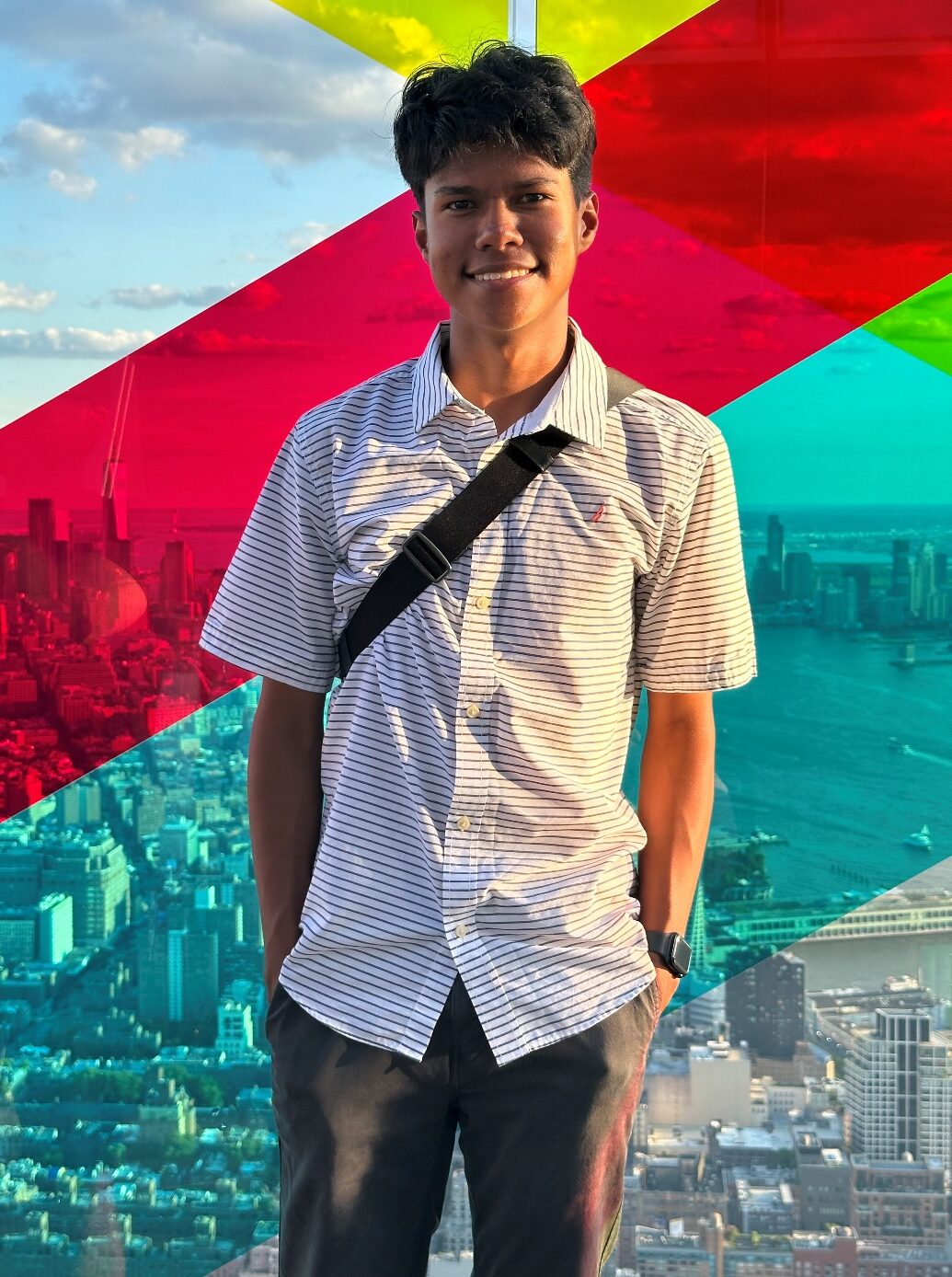 A man in a striped shirt poses in front of colorful geometric panels in yellow, red, and blue tones, with a city skyline and water visible in the background from an elevated viewpoint.