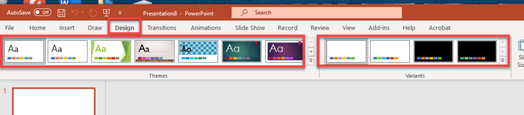 Screenshot of Microsoft PowerPoint's Design tab ribbon, with red boxes highlighting the "Themes" gallery showing multiple theme options and the "Variants" gallery showing color variation options for the selected theme.
