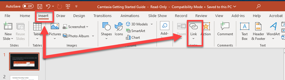 Screenshot of Microsoft PowerPoint's Insert tab ribbon, with red arrows and a red box highlighting the "Insert" tab and the "Link" button in the Links group.