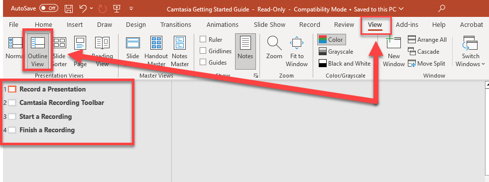 Screenshot of Microsoft PowerPoint's View tab ribbon, with red boxes and arrows highlighting the "View" tab and the "Outline View" button in the Presentation Views group. The main area shows the presentation in Outline View, displaying four slide titles: "Record a Presentation," "Camtasia Recording Toolbar," "Start a Recording," and "Finish a Recording."