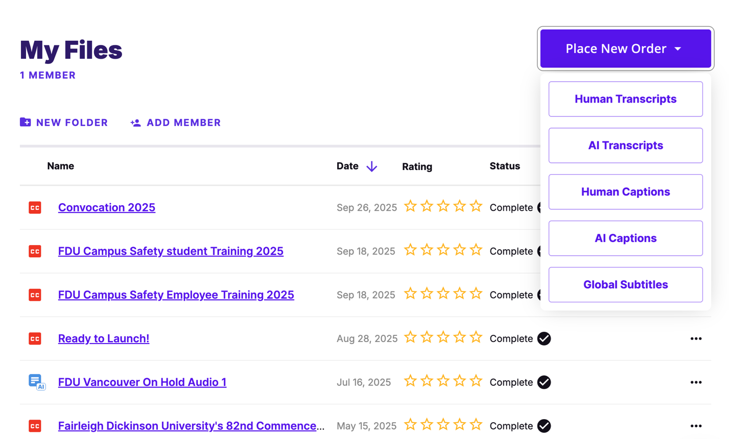 A screenshot of Rev.com demonstrating how to place a new order. In the background is a list of files uploaded to the user's account, and in the foreground is a dropdown giving options for what type of order will be placed.