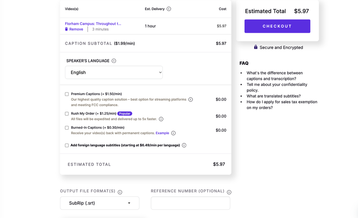 A screenshot of Rev.com showing the checkout screen. On the left is a summary of the order displaying estimated delivery time, cost, and various add-ons like premium captions or rush ordering. At the bottom is a dropdown menu titled Output File Format(s) with "SubRip (.srt)" selected. On the right side is the checkout button along with some FAQs.
