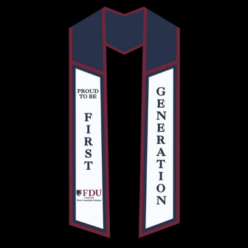 a graphic of a graduation stole. stole text: proud to be first generation.