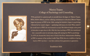 A commemorative plaque honoring Marion Turpan, FDU alumna and benefactor.