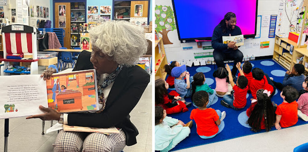 Two photos: Left photo shows a woman reading from a book. Right photo shows a man reading a book in front of group of children in school.