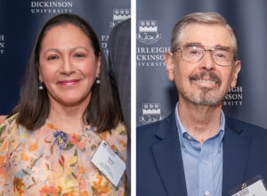 Two headshots: smiling female wearing a beige floral top on the left and a smiling man wearing a suit on the left